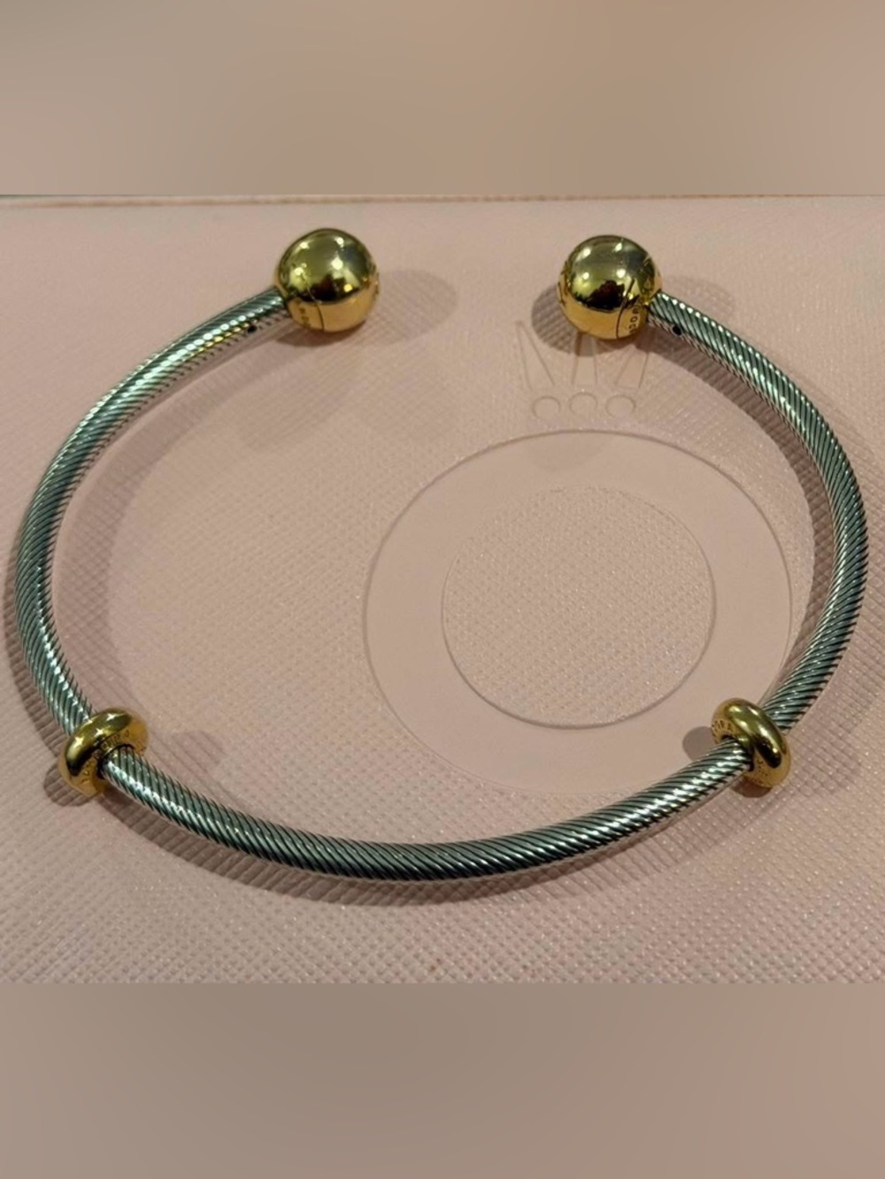 Authentic Pandora two tone open bangle with 14k gold plated caps
